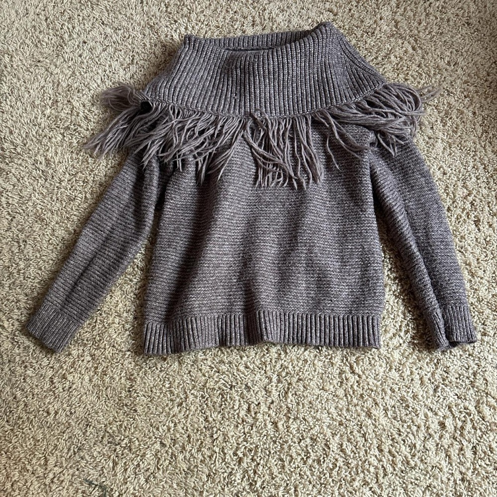 Maurices Charcoal Brown Off-the-Shoulder Fringe Sweater